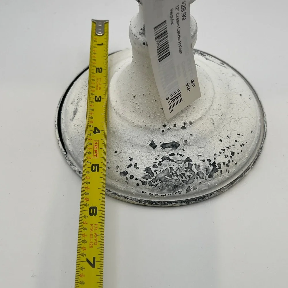 12in Cream Distressed Metal Pillar Candle Holder Shabby Chic Farmhouse Pedestal